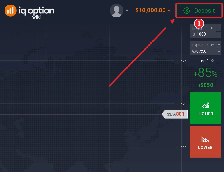 Step 1: the Deposit button in the IQ Option traderoom, on an account registered in Brazil