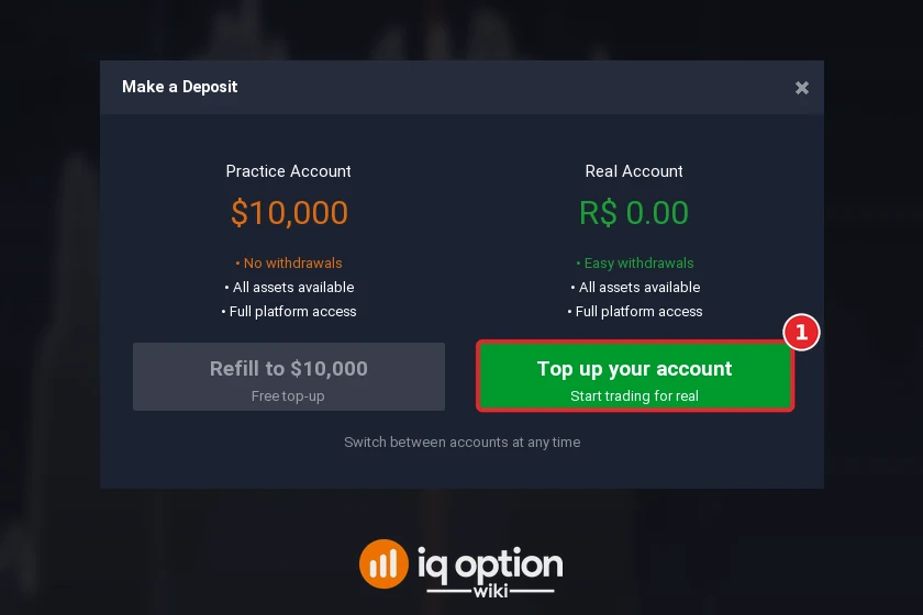 Step 2: Top up your account in the Make a Deposit window; the real account is in reais (R$)