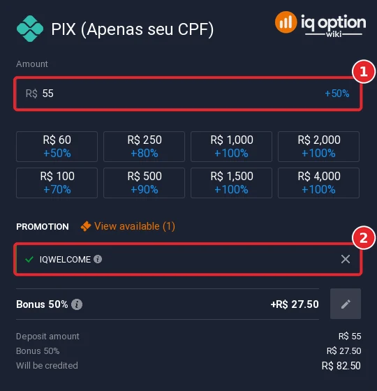 Step 5: R$ 55 by PIX with the IQWELCOME bonus code applied