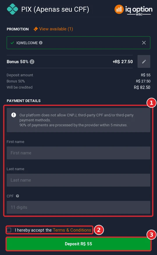 Step 6: PIX payment details on IQ Option: first name, last name and your own CPF