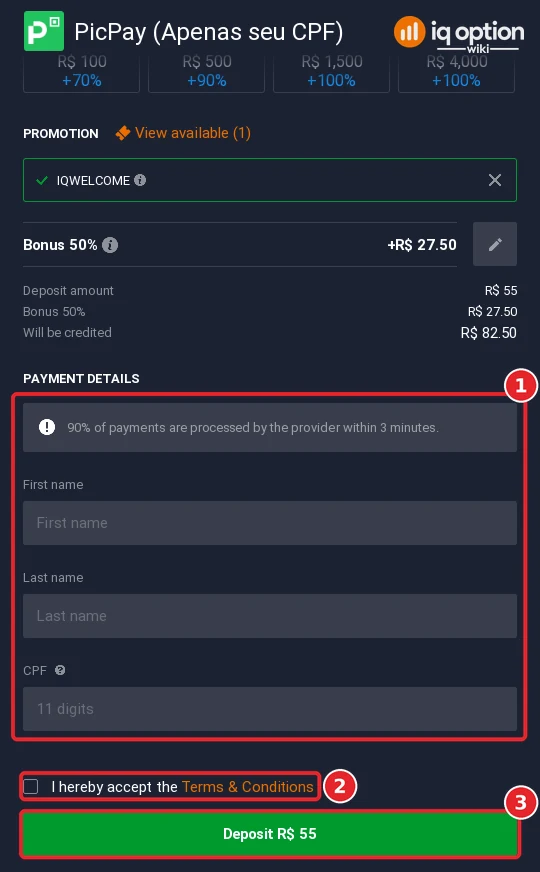 PicPay payment details on IQ Option: first name, last name and your own CPF