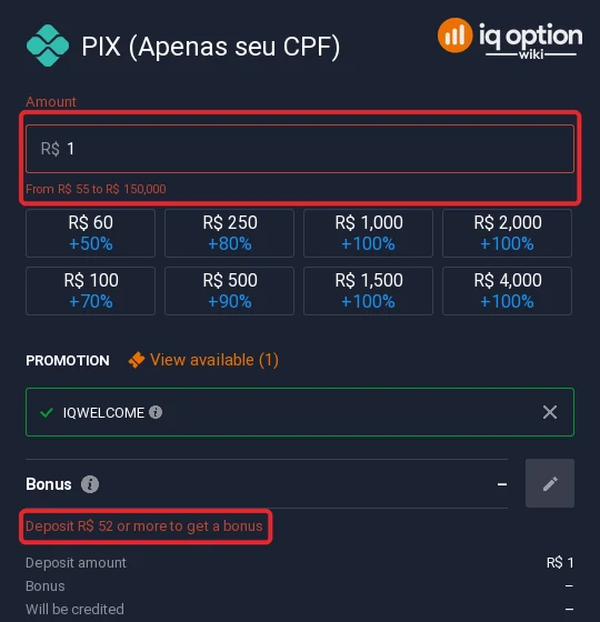 PIX accepts R$ 55 to R$ 150,000 on IQ Option; the bonus starts at R$ 52