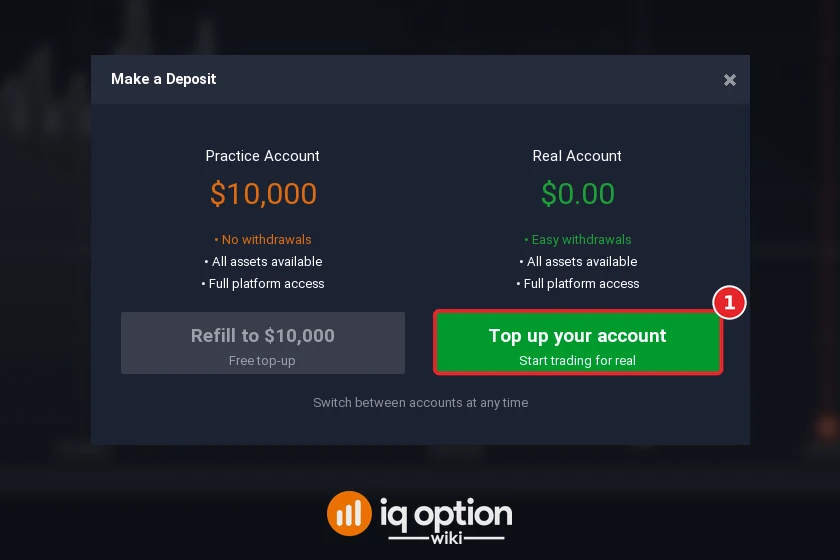 Step 2: Top up your account in the Make a Deposit window; the real account starts at zero