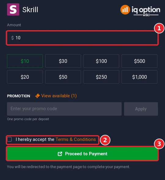 The Skrill deposit form with the amount, terms box and Proceed to Payment button
