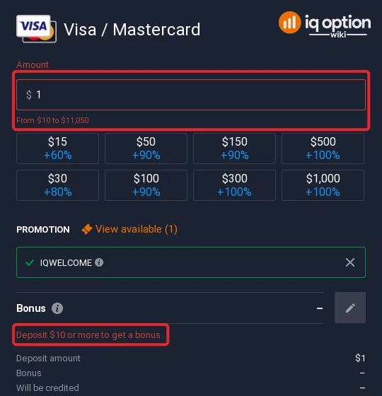 Visa / Mastercard accepts $10 to $11,050 on IQ Option in Cambodia; the bonus starts at $10