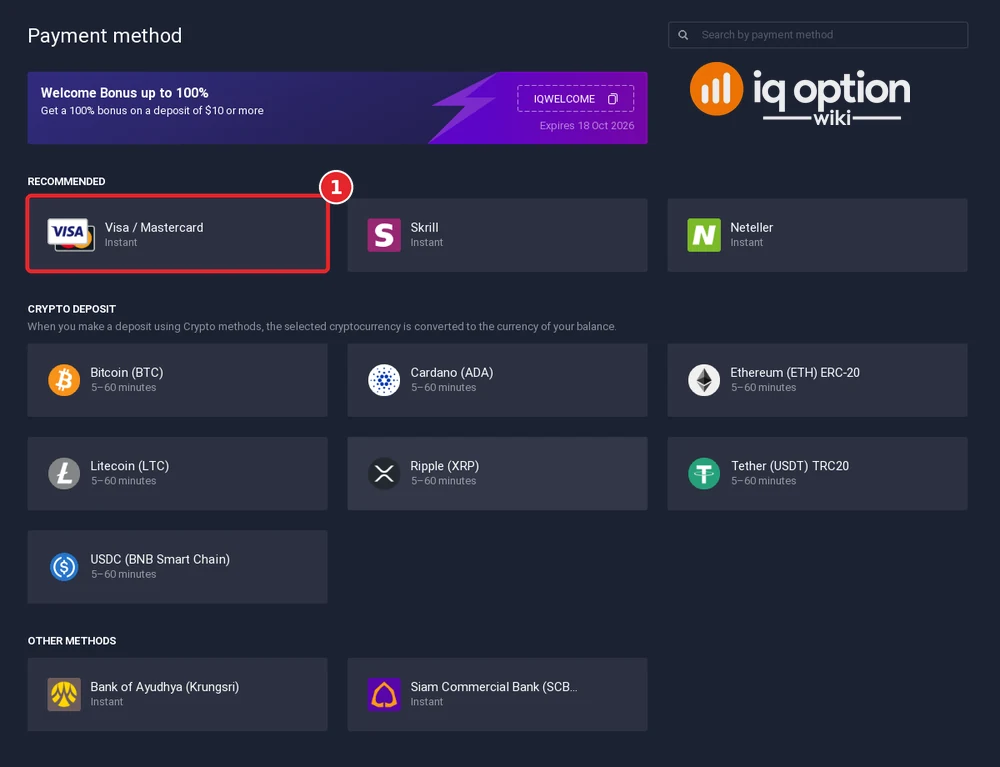 Step 3: the IQ Option cashier for Cambodia, with Visa / Mastercard selected