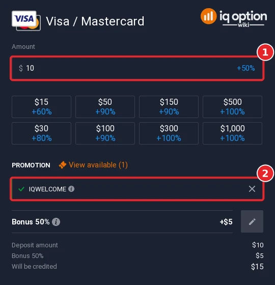Step 5: a $10 card deposit with the IQWELCOME bonus code applied