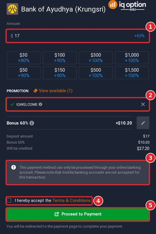 Bank of Ayudhya (Krungsri) deposit on IQ Option in Cambodia: amount, bonus code, online banking notice, terms