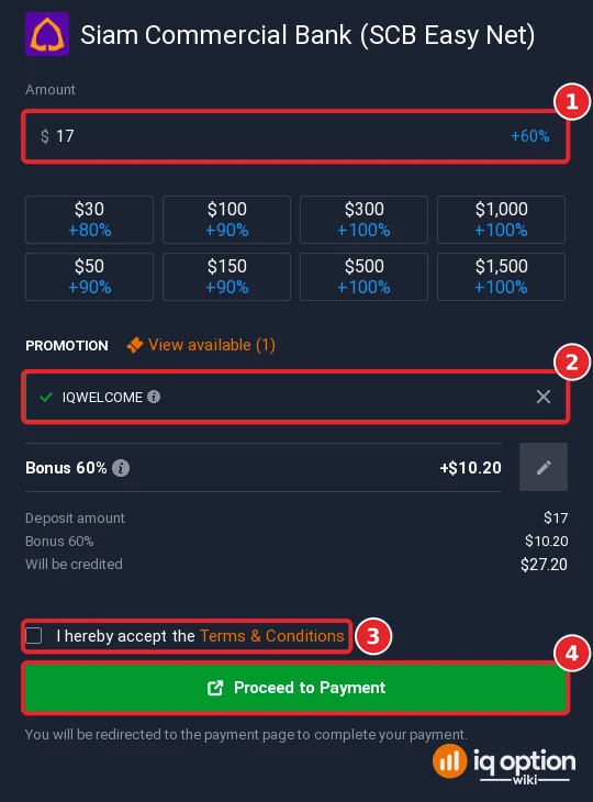Siam Commercial Bank (SCB Easy Net) deposit on IQ Option in Cambodia: amount, bonus code, terms, Proceed to Payment