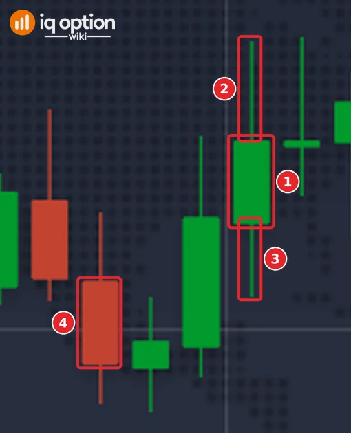 Five-minute EUR/USD candles on IQ Option: the body of a green candle (1), its upper shadow (2), its lower shadow (3) and the body of a red candle (4)