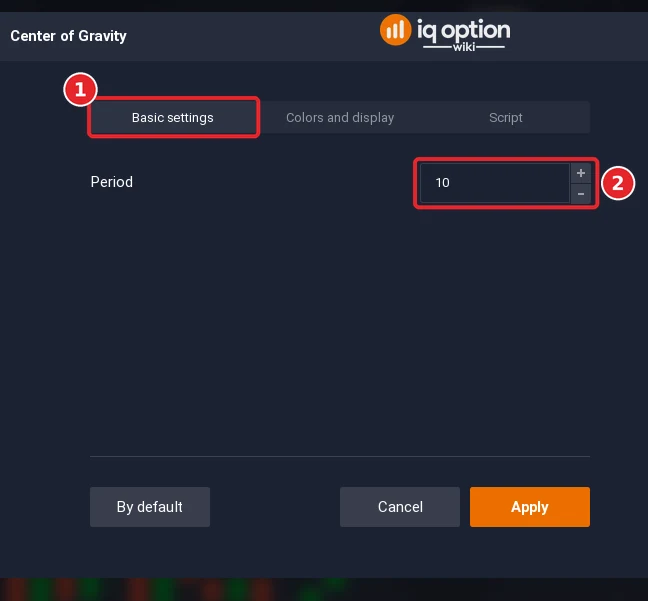Center of Gravity dialog on the Basic settings tab (1) with 1 setting (2)