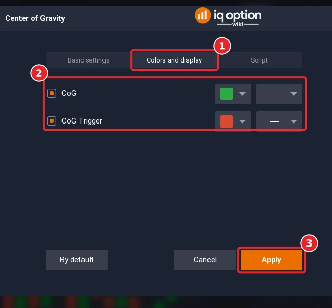 Center of Gravity dialog on the Colors and display tab (1) with the colour rows (2) and the Apply button (3)