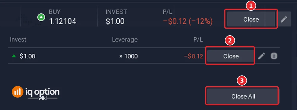 The position bar above the chart with its Close button (1), the list that opens under it with the position row and its Close button (2), and the Close All button (3)
