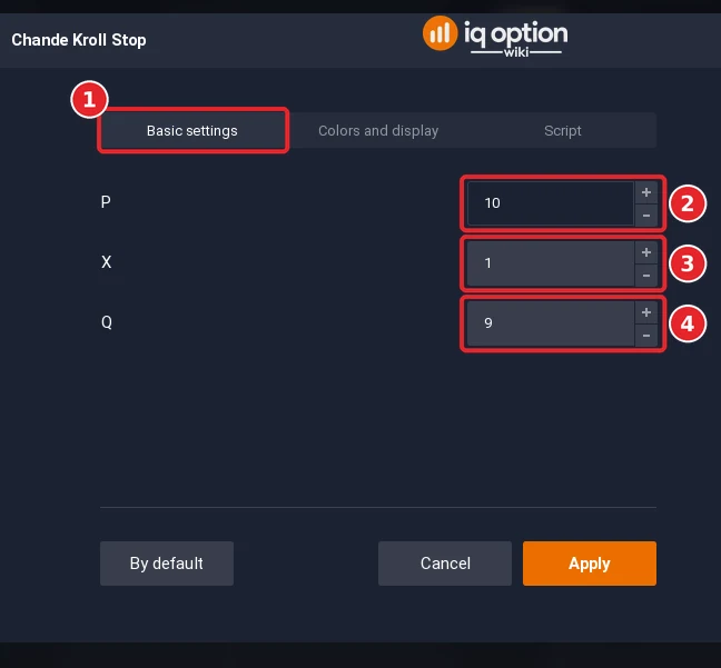 Chande Kroll Stop dialog on the Basic settings tab (1) with 3 settings (2 to 4)