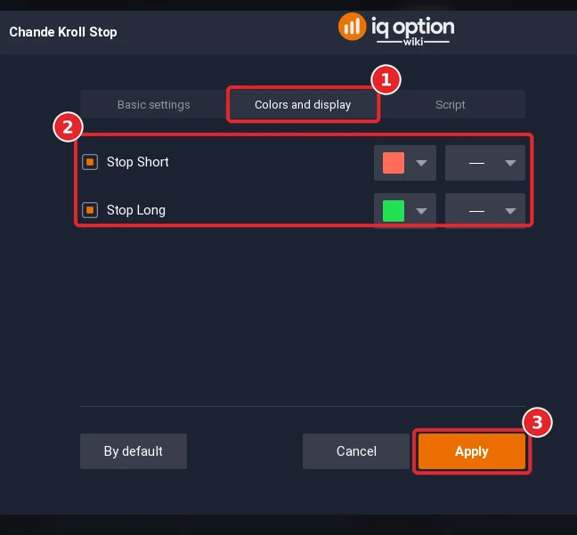 Chande Kroll Stop dialog on the Colors and display tab (1) with the colour rows (2) and the Apply button (3)
