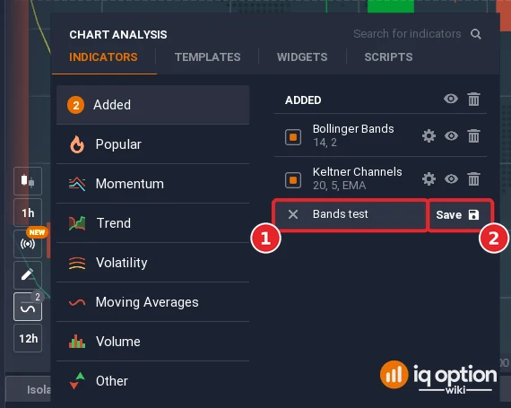 IQ Option indicator template name field with the name Bands test typed and the Save button next to it