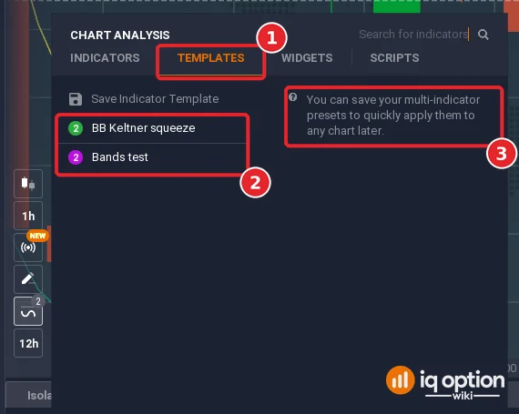 IQ Option Templates tab listing the saved templates BB Keltner squeeze and Bands test, each with its indicator count, and the platform note about saving presets