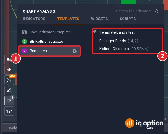 IQ Option Templates tab with the pointer over Bands test, showing its two indicators and their settings in the details panel