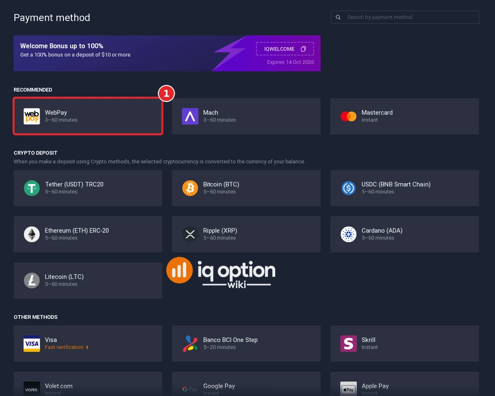 Step 3: the IQ Option cashier for Chile, with WebPay selected