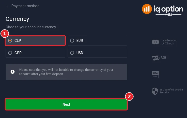 Step 4: choosing CLP as the account currency in the IQ Option cashier