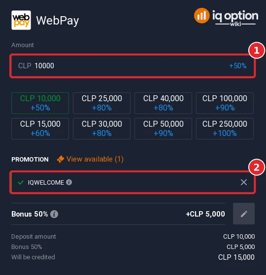 Step 5: a WebPay deposit of CLP 10,000 with the IQWELCOME bonus code