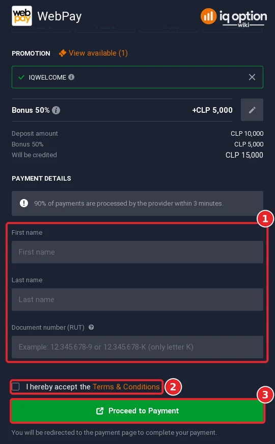 Step 6: WebPay payment details on IQ Option: name and RUT