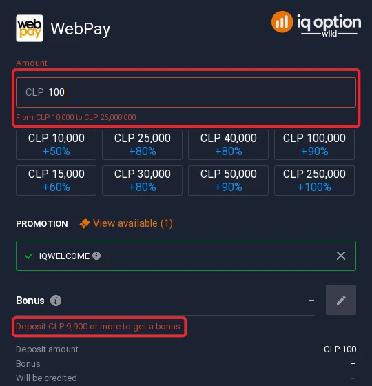 WebPay accepts CLP 10,000 to CLP 25,000,000 on IQ Option; the bonus starts at CLP 9,900