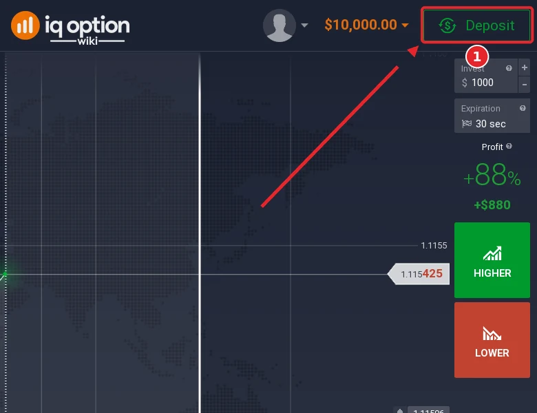 Step 1: the Deposit button in the IQ Option traderoom, on an account registered in Colombia
