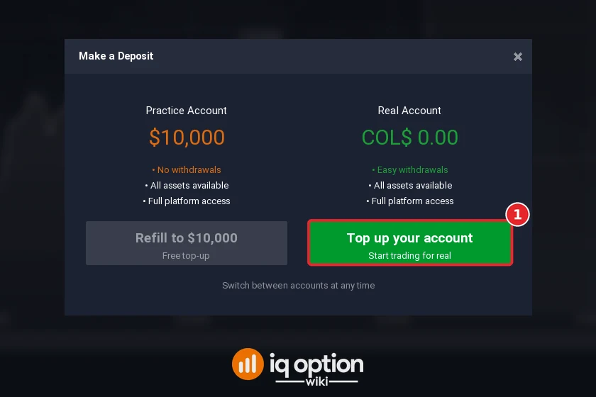 Step 2: Top up your account in the Make a Deposit window; the real account is in Colombian pesos (COL$)