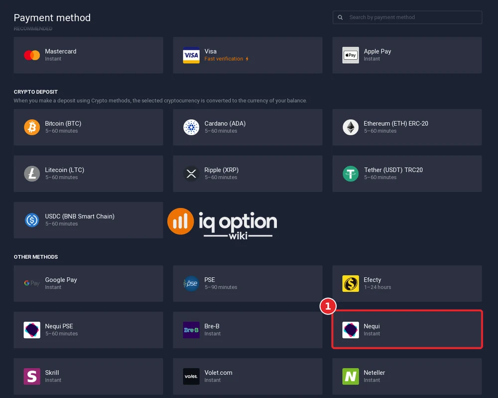 Step 3: the IQ Option cashier for Colombia, with Nequi selected