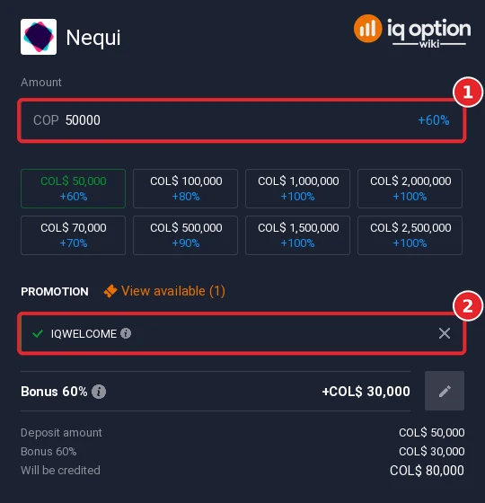 Step 5: a Nequi deposit of COL$ 50,000 with the IQWELCOME bonus code (+60%)