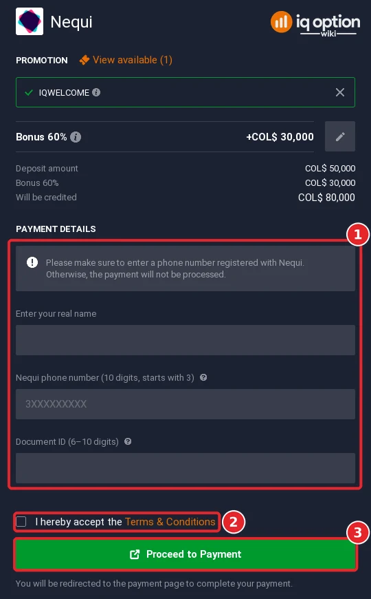 Step 6: Nequi payment details on IQ Option: real name, Nequi phone number and document ID