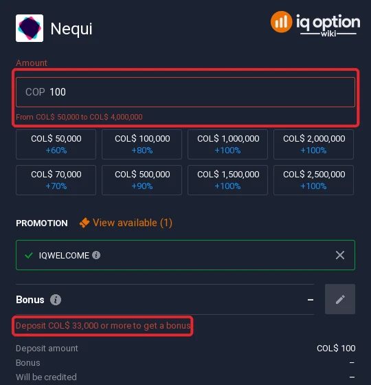 Nequi accepts COL$ 50,000 to COL$ 4,000,000 on IQ Option; the bonus starts at COL$ 33,000