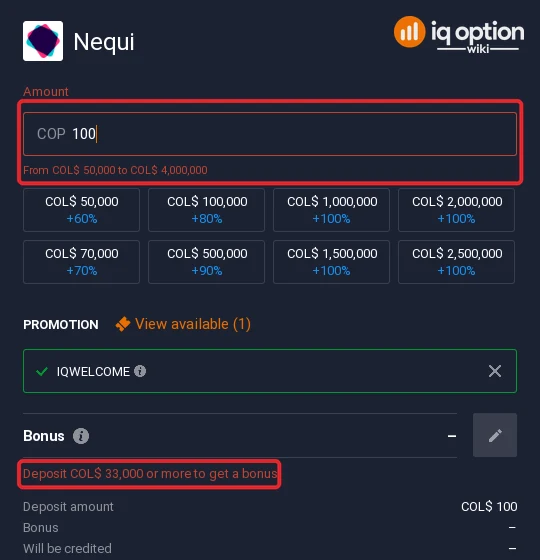 Nequi accepts COL$ 50,000 to COL$ 4,000,000 on IQ Option; the bonus starts at COL$ 33,000