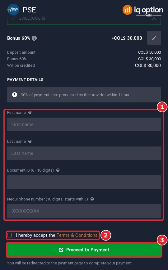 PSE payment details on IQ Option: name, document ID and Nequi phone number