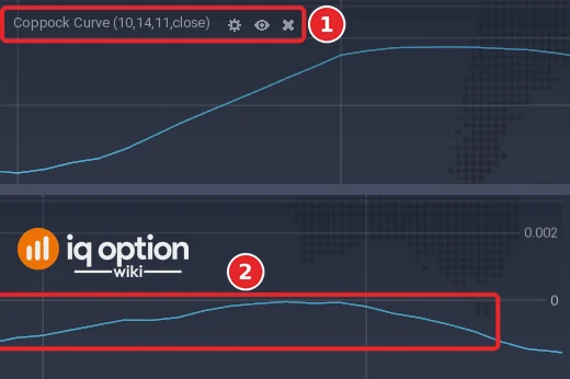 EUR/USD 5-minute chart: the left end of the Coppock Curve panel with its title (1), and its right end with the lines (2) and the scale