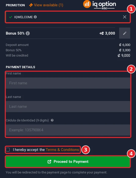 The Banco Nacional ONLINE deposit form with the bonus code, first name, last name and cedula fields, terms box and Proceed to Payment button