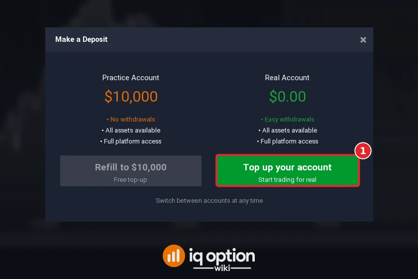 Step 2: Top up your account in the Make a Deposit window; the real account starts at zero