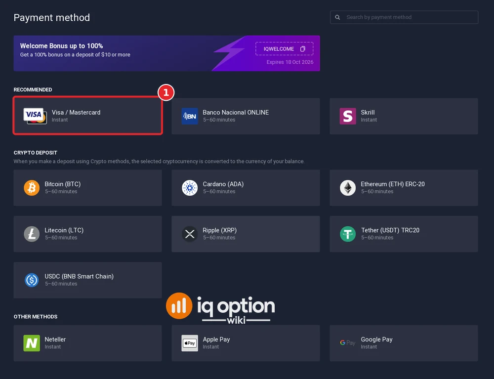 Step 3: the IQ Option cashier for Costa Rica, with Visa / Mastercard selected and Banco Nacional ONLINE beside it