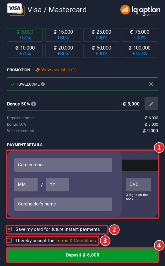 Step 6: the card details form with the save-card box, the terms box and the Deposit 6,000 colon button