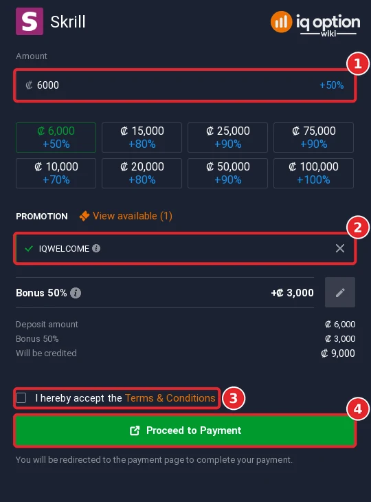 The Skrill deposit form with the amount, bonus code, terms box and Proceed to Payment button