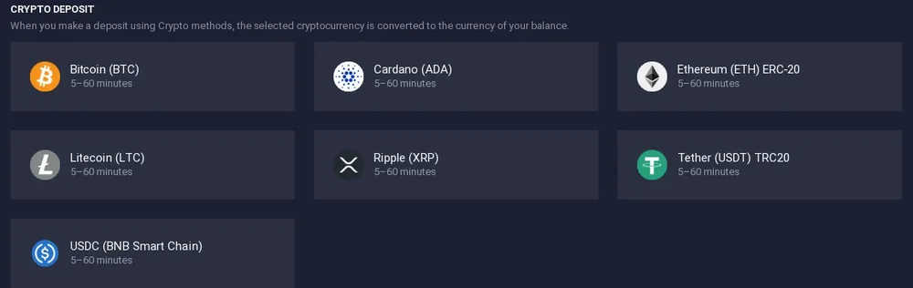IQ Option crypto deposit methods in October 2026: Bitcoin, Cardano, Ethereum ERC-20, Litecoin, XRP, Tether TRC20 and USDC on BNB Smart Chain, each 5–60 minutes