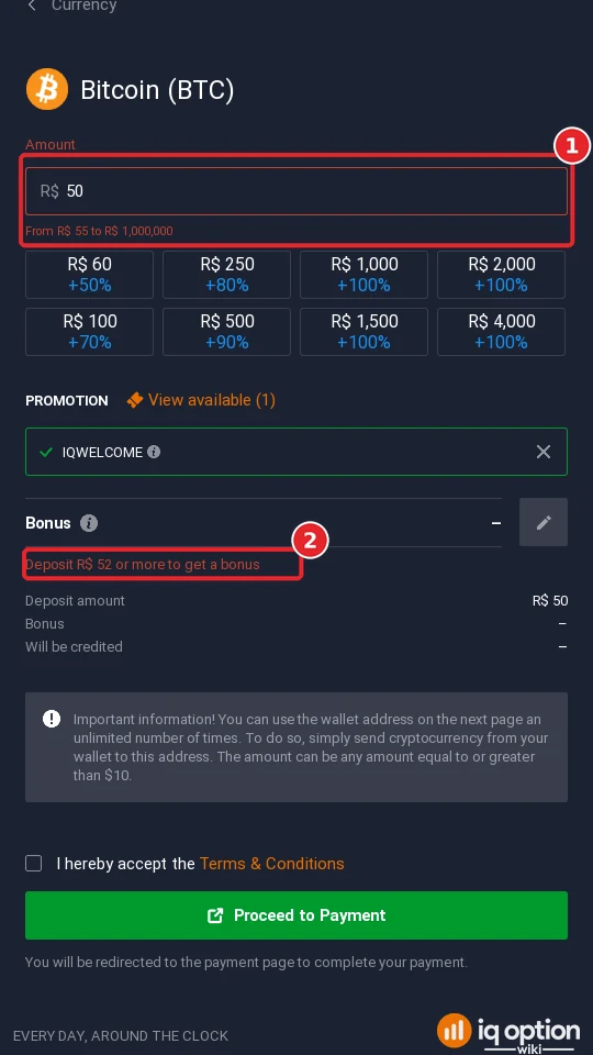 Typing R$ 50 in the Bitcoin form shows the range, from R$ 55 to R$ 1,000,000, and that the bonus needs R$ 52 or more