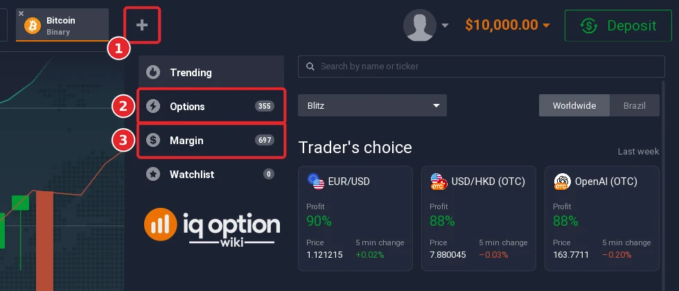 Step 1: the plus button in the IQ Option tab bar opens the asset menu, with Options and Margin listed