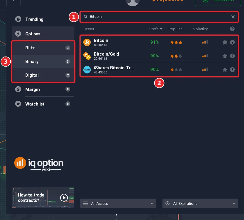 Step 4: searching for Bitcoin in the Options list of the asset menu finds Bitcoin at 91%, Bitcoin/Gold and the iShares Bitcoin Trust