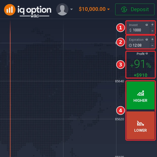 Step 5: the panel of the Bitcoin binary option on a Practice account: Invest, Expiration, a 91% profit and the Higher and Lower buttons