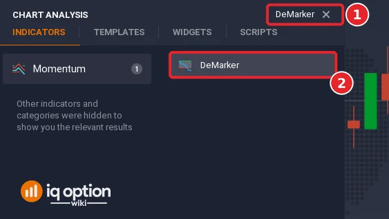 Chart analysis search box with DeMarker typed in (1) and the DeMarker result (2)