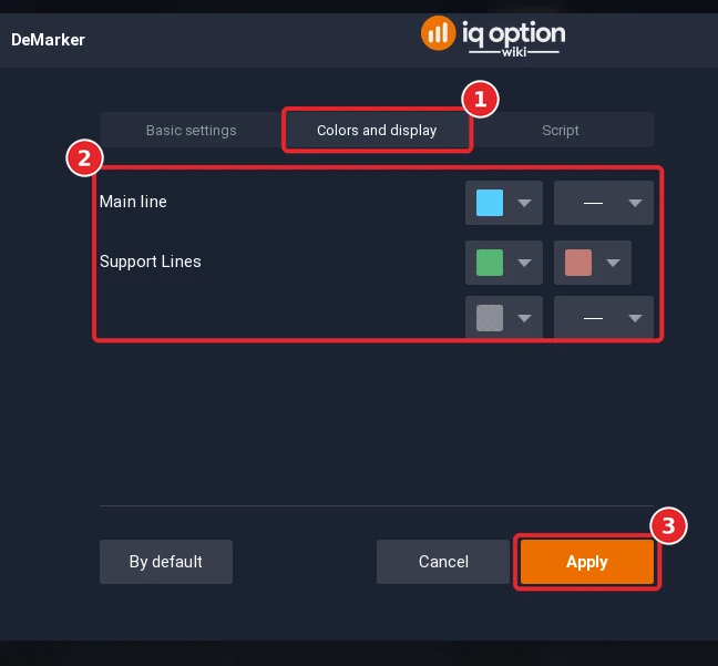DeMarker dialog on the Colors and display tab (1) with the colour rows (2) and the Apply button (3)