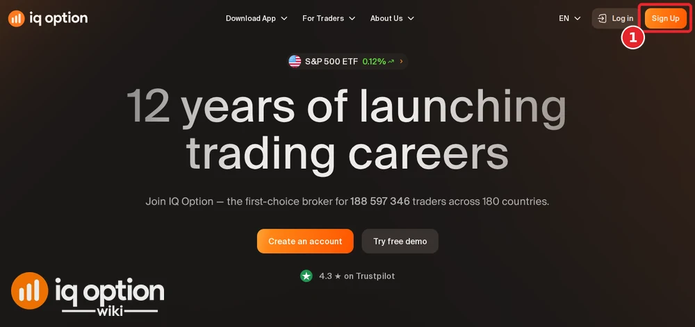 IQ Option home page with the Sign Up button at the top right