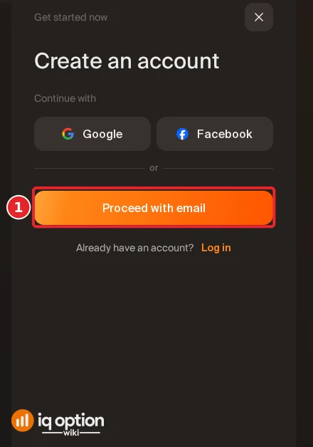IQ Option Create an account panel with Google, Facebook and Proceed with email